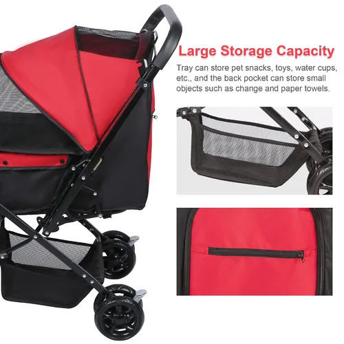 Vista 4 de Cochecito para perros con cuatro ruedas, carrito plegable para mascotas para perros pequeños y medianos y gatos con cubierta climática y cesta
