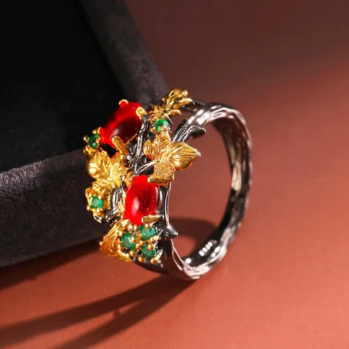 Vista 3 de Gothic Ruby Black Rings Women - Colorful Rhinestone Golden Leaf Copper Rings