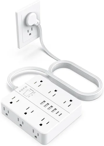 Vista 14 de Regleta de Enchufe Plano, AOFO Cable de Extensión de 5 Pies con 12 Tomacorrientes y 6 Puertos USB (4 USB-A, 2 USB-C), Protector contra