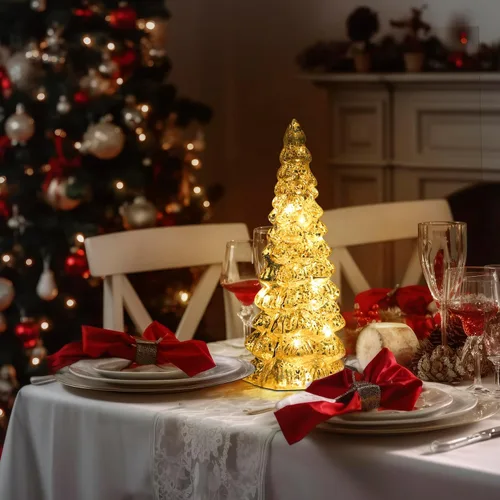 Vista 7 de Árbol de Navidad de vidrio decorativo con luz LED: 13.5" de alto, adorno de mesa de batería para las fiestas, decoración navideña de vidrio
