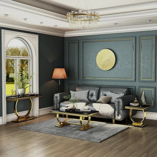 Vista 6 de Mesa consola Asday dorada, mesa de entrada de 50 pulgadas en negro glamuroso y dorado con base en forma de U, mesa de entrada dorada pulida