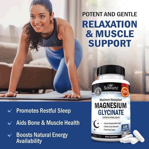 Vista 2 de BioSchwartz Cápsulas de glicinato de magnesio de 500 mg (120 mini cápsulas) Suplemento de magnesio de máxima absorción para nervios saludables