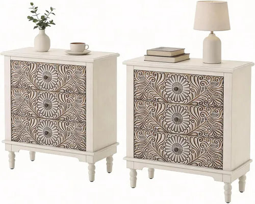 Vista 19 de HOMPUS - Mesa de noche blanca con cajón y almacenamiento, mesa de noche con motivo floral completamente ensamblada para espacios pequeños, mesa