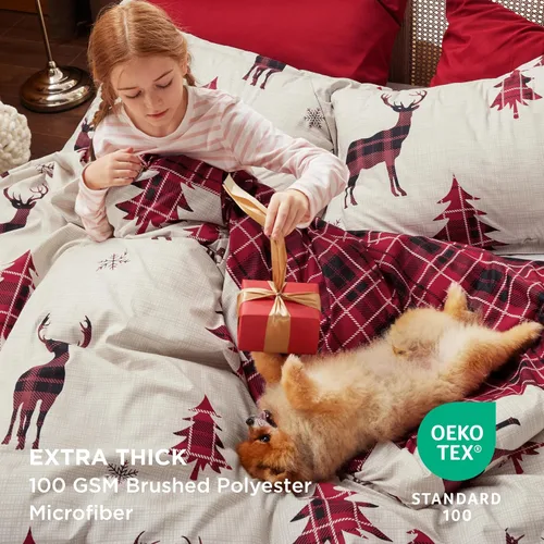 Vista 3 de Bedsure Juego de funda de edredón de Navidad tamaño individual, juego de ropa de cama festivo para niños con un diseño reversible a cuadros
