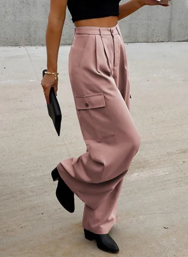 Vista 4 de Dokotoo - Pantalones cargo de cintura alta y pierna ancha para mujer, pantalones holgados de trabajo casuales con 4 bolsillos