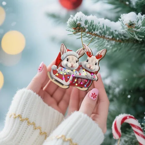 Vista 2 de Adornos de árbol de Navidad colgantes de conejo lindo con impresión en dos lados, madera, recuerdo para mujeres, hombres y amigos, adornos de árbol