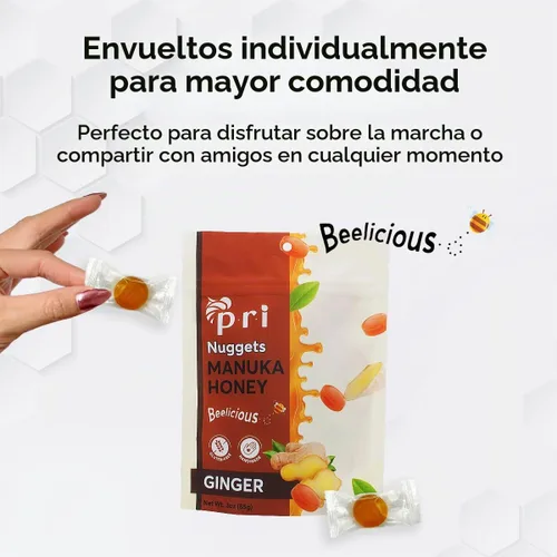 Vista 4 de P.R.I Nuggets de miel y jengibre de Manuka, dulce y totalmente natural, caramelo duro, 3 onzas