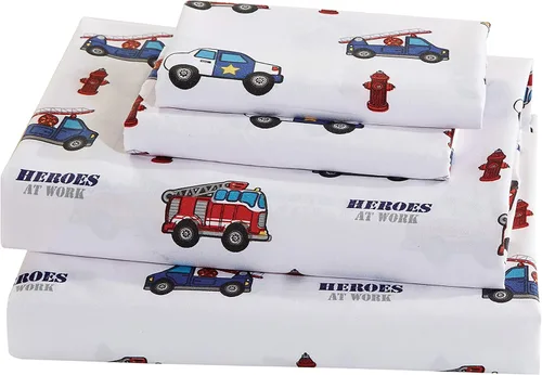 Vista 3 de Mk Home - Juego de edredón de tamaño matrimonial para niños, héroes de guardia, camión de bomberos, policía, ambulancia, rojo, azul y blanco