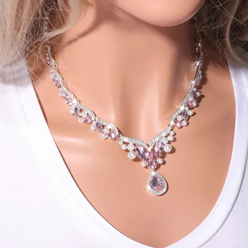 Vista 4 de Conjunto de collar de perlas de novia rojo, esmeralda, azul, rosa, para mujer, esposa, novia, cumpleaños, boda, Gema Zinc, Diamantes de imitación