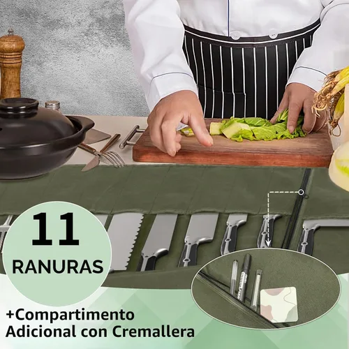 Vista 3 de lelezone Bolsa enrollable para cuchillos de chef, resistente al agua, funda de lona encerada para cuchillos, bolsas enrollables para chefs Verde