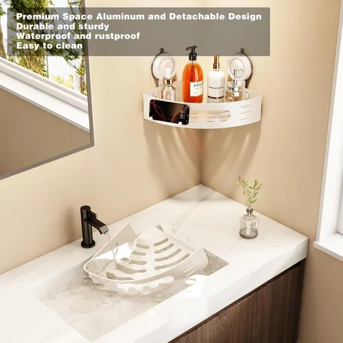 Vista 4 de Voldra Organizador de ducha esquinero con ventosa, estantes de ducha esquineros de aluminio para pared sin taladrar, organizador de ducha