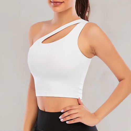 Vista 7 de Youloveit Sujetadores deportivos de un hombro para mujer, de soporte medio, con relleno, para yoga, con brasier deportivo integrado
