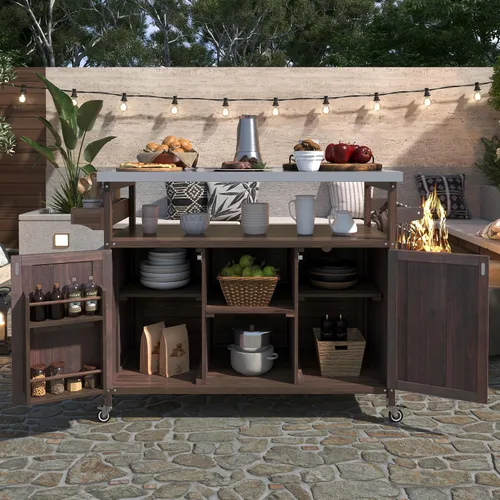 Vista 6 de Mesa grande para parrilla al aire libre, de madera maciza, para exteriores, isla de cocina, mesa de bar con parte superior de acero inoxidable