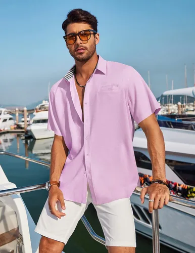 Vista 4 de COOFANDY Camisa de algodón de lino liso de manga corta para hombre, ajuste regular, camisa de playa casual con botones
