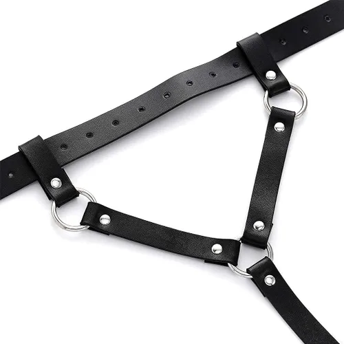 Vista 6 de Cadena de cintura de cuero punk, arnés de pierna negra, cadena de cuerpo, arnés gótico para muslos, jaula, accesorio para el cuerpo, joyería