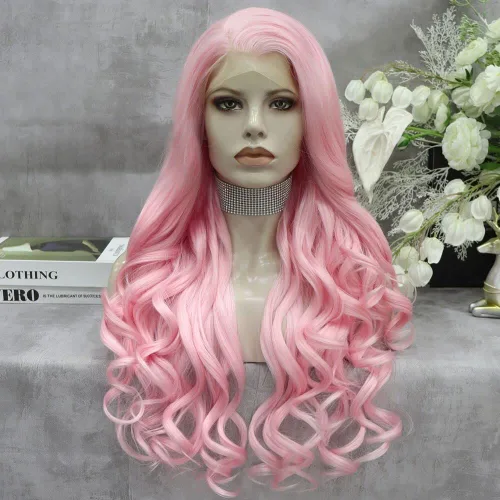Vista 8 de IMSTYLE Peluca sintética larga y ondulada con encaje frontal rosa para mujer, línea capilar natural, para fiesta de cosplay, Halloween, resistente