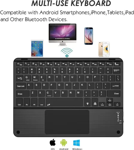 Vista 4 de Funda de teclado TouchPad para tabletas de 9, 9.7, 10.1, 10.2, 10.5, 10.9, 11 pulgadas, teclado inalámbrico Bluetooth 2 en 1 con panel táctil, Negro