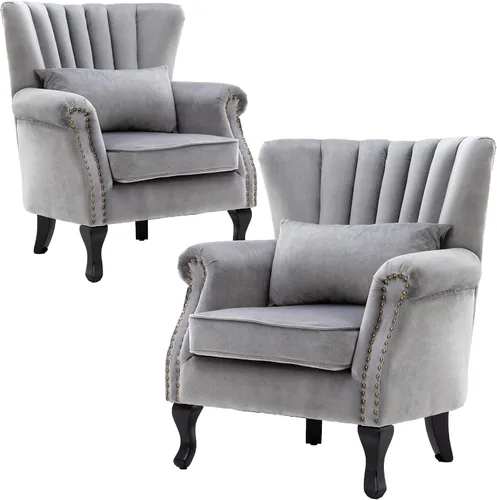 Vista 43 de Juego de 2 sillas decorativas modernas de mediados de siglo, sillón de tela de lino con respaldo acolchado/patas de madera, sillón de descanso