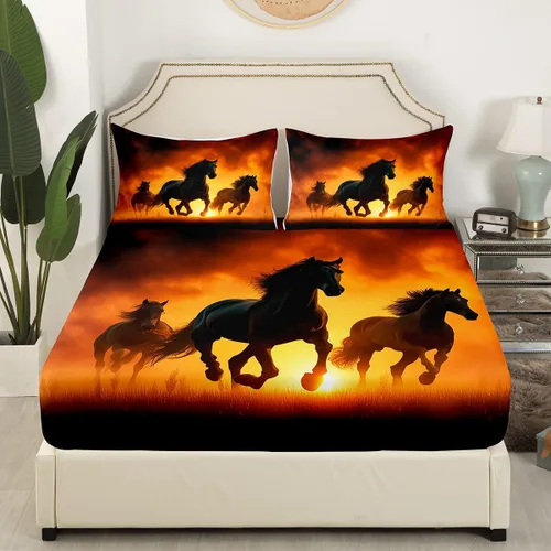 Vista 3 de Juego de ropa de cama de caballo negro, tamaño individual, sábana bajera ajustable de animales del oeste para niños, adultos, niños y hombres, juego