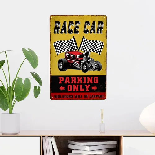 Vista 6 de Decoración de habitación de coche de carreras para niños, letrero de estacionamiento de autos de carreras, letrero de hombre, cueva, garaje