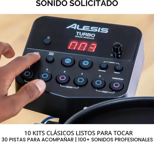 Vista 4 de Kit Alesis Turbo Mesh – Set de batería eléctrica con más de 100 sonidos, almohadillas de tambor de malla silenciosas, baquetas, cables de conexión