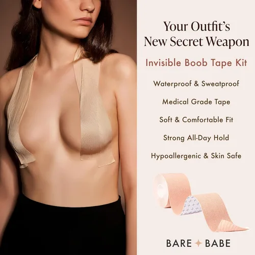 Vista 2 de Bare Babe Boob Tape for Breast Lift, Hypoallergenic Adhesive Tape with 10 Satin Nipple Covers, Strapless Bra, 2 in