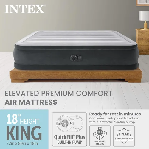 Vista 2 de Intex - Colchón de aire inflable de 18" tamaño king, comodidad premium elevada con bomba integrada, colchón de aire autoinflable portátil para cama
