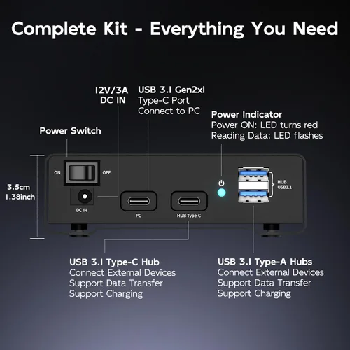Vista 7 de MAIWO Caja de Carcasa Externa para Disco Duro SATA de 2.5 3.5 Pulgadas SSD HDD, USB C 3.1 GEN2 de 10Gbps Lector de Disco Duro con UASP, Capacidad