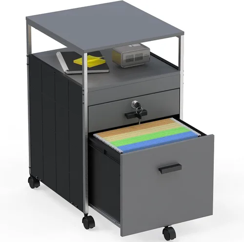 Vista 7 de SHW Archivador de caja móvil con estante abierto y cajón con cerradura, color negro