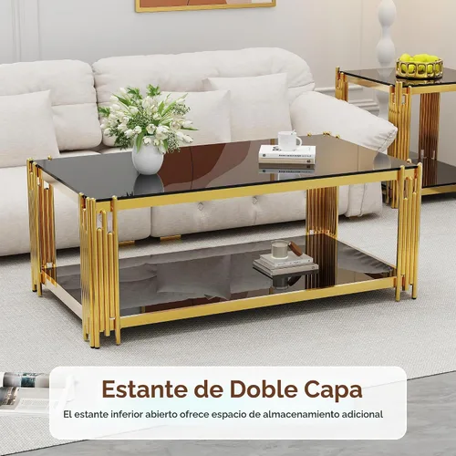Vista 3 de Mesa de centro de cristal negro de 43 pulgadas, mesa moderna para sala de estar, acero inoxidable dorado, patas de metal, rectangular, de vidrio