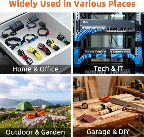 Vista 3 de 90 bridas reutilizables con gancho y bucle, correas de cables ajustables multiusos de 8 pulgadas para organizar el hogar, la oficina y los centros