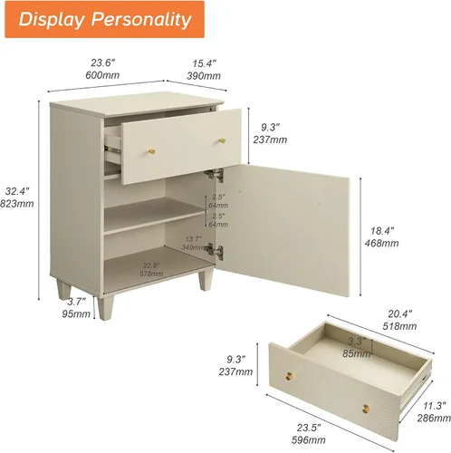 Vista 2 de WAMPAT Mesa auxiliar con 1 cajón y puerta, moderna mesa auxiliar grande para sofá, mesita de noche alta de madera con estante de almacenamiento
