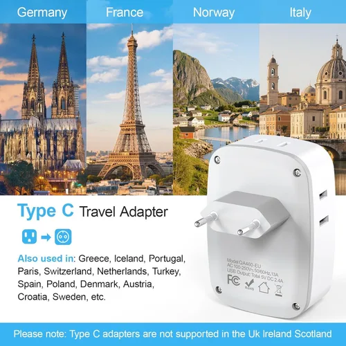 Vista 5 de Paquete de 2 adaptadores de enchufe de viaje europeos, adaptador de corriente 7 en 1 Brasil, 4 salidas de CA con 3 puertos de carga USB, adaptador
