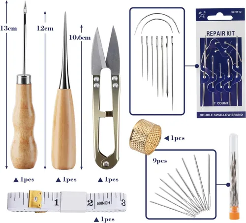 Vista 4 de ilauke Kit de costura de cuero, 31 piezas, hilo encerado, kit de costura de cuero con punzón de costura, kit de reparación de tapicería