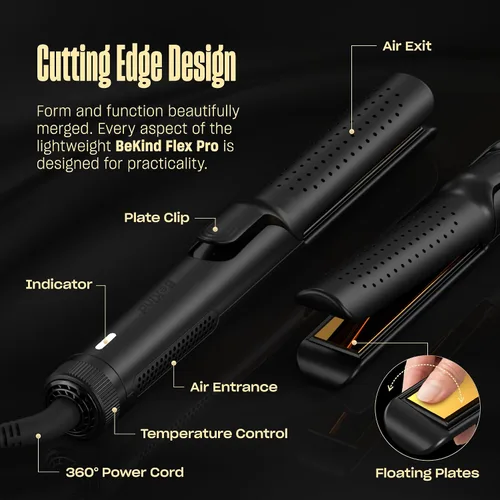 Vista 7 de BeKind Flex - Alisador y rizador de pelo 2 en 1, plancha plana de 360° para todos los estilos, diseño de placas flotantes, temperatura más baja Negro