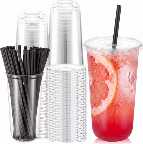 Vista 19 de Ziliny Juego de 50 vasos de plástico de paja negra con pajitas y tapas en forma de corazón, tazas desechables para café helado, mascotas
