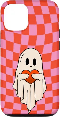 Vista 28 de Funda para iPhone 17 de San Valentín Retro Ghost Hugging Heart Checkerboard Rosa Rojo