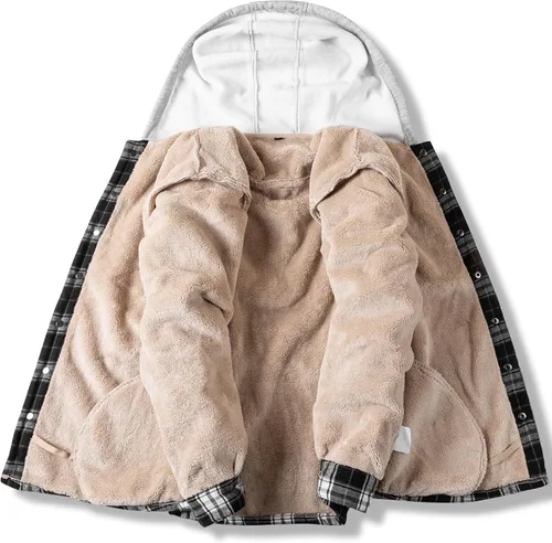 Vista 2 de IVUMA Camisas de algodón a cuadros de manga larga para hombre, chaqueta de franela con forro polar, camisas de franela Sherpa con botones y capucha