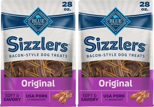 Vista 11 de Blue Buffalo Sizzlers Golosinas para perros estilo tocino con cerdo real de Estados Unidos, sabor cheddar, bolsa de 15 onzas