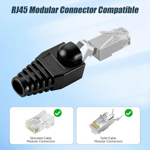 Vista 4 de Conector de cable Ethernet RJ45 de plástico blando Botas de alivio de tensión CAT5 CAT5E CAT6 CAT6E 100PCS (negro)