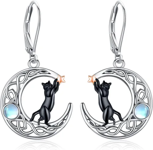 Vista 51 de Aretes colgantes de plata de ley con diseño de árbol de la vida, flor, abeja, animales, gato, colibrí, piedra lunar, turquesa, aretes con cierre