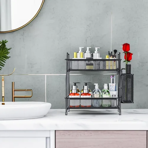 Vista 2 de Organizador de baño con canasta, bandeja de baño de 2 niveles para estante de almacenamiento de encimera, organizador de encimera de baño