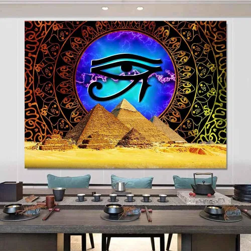 Vista 5 de Aidatain Tapiz de pirámide egipcio ojo de Horus para colgar en la pared, mandala dorado bohemio, franela de mitología antigua, tamaño grande, 80
