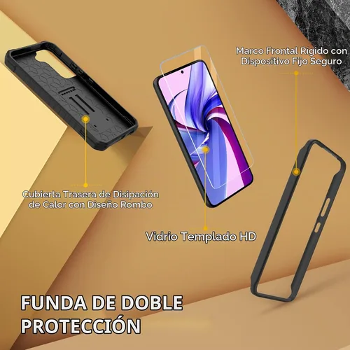 Vista 6 de FITO Funda para Samsung Galaxy S22, doble capa a prueba de golpes resistente para teléfono Samsung S22 5G con protector de pantalla, soporte Negro