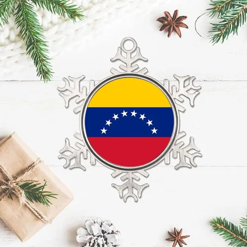 Vista 3 de Adorno de copo de nieve de Venezuela, bandera de Venezuela, bandera de las naciones, adornos de metal, recuerdo, regalo, adornos colgantes