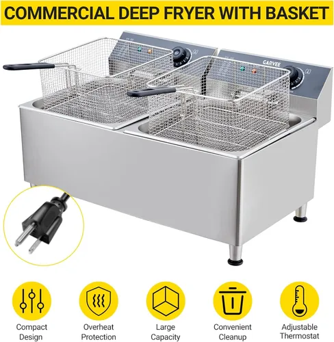 Vista 3 de Freidora comercial doble de 3400 W, freidora de encimera de acero inoxidable 201 con 2 cestas ajustables, tapas protectoras contra salpicaduras