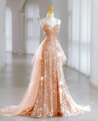 Vista 2 de Vestidos de fiesta de sirena con lentejuelas para mujer, 2 piezas, tirantes delgados, vestidos de tul brillante, vestidos de novia con abertura
