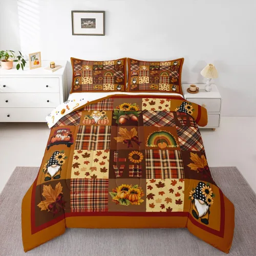 Vista 13 de Erosebridal Juego de edredón individual de pavo de Acción de Gracias, juego de ropa de cama de calabaza con hojas de otoño para niños y adultos