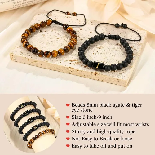 Vista 4 de MONOZO Regalos para el día del padre regalos para hombres y niños, 0.315 in, ojo de tigre y ágata negra, pulsera inicial con cuentas de piedra