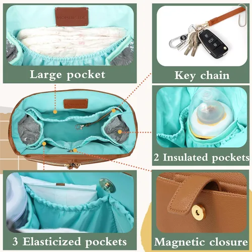 Vista 7 de MOMINSIDE Mochila para pañales, soporte organizador de cochecito con portavasos aislados, bolsa de bebé de cuero con 6 bolsillos aislados para mamá